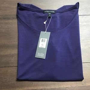 EILEEN FISHER PURPLE SCOOP NECK CAP SLEEVE STRETCH SILK JERSEY, SIZE MEDIUM